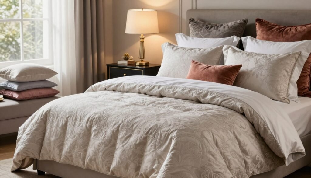 A beautifully arranged display of luxurious bedding options showcasing a variety of high-quality fabrics. In the foreground, focus on a plush, oversized quilt draped elegantly over a king-sized bed, with intricate patterns and a soft sheen. Add layers of decorative pillows in rich, inviting colors and textures, such as velvet and silk. In the middle ground, incorporate a well-styled nightstand with an elegant lamp casting a warm, ambient light. The background features a softly lit window with sheer curtains, allowing natural sunlight to illuminate the entire scene, enhancing the inviting atmosphere. The overall mood should evoke comfort, serenity, and opulence, creating an enticing visual that highlights quality selection in bedding. A beautifully arranged display of luxurious bedding options showcasing a variety of high-quality fabrics. In the foreground, focus on a plush, oversized quilt draped elegantly over a king-sized bed, with intricate patterns and a soft sheen. Add layers of decorative pillows in rich, inviting colors and textures, such as velvet and silk. In the middle ground, incorporate a well-styled nightstand with an elegant lamp casting a warm, ambient light. The background features a softly lit window with sheer curtains, allowing natural sunlight to illuminate the entire scene, enhancing the inviting atmosphere. The overall mood should evoke comfort, serenity, and opulence, creating an enticing visual that highlights quality selection in bedding.