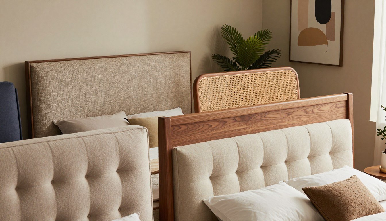 A beautifully styled bedroom featuring a variety of trending headboard designs. In the foreground, showcase an elegant upholstered headboard with a tufted pattern, contrasted with a sleek, wooden headboard displaying clean lines. The middle section includes a contemporary fabric headboard adorned with textured patterns and a vintage wicker headboard that adds charm. The background presents a softly lit room with neutral walls and stylish decor elements like indoor plants and abstract wall art. Use warm, natural lighting to enhance the cozy atmosphere, captured from a slightly elevated angle to showcase the depth and arrangement of the scene. The mood should feel inviting and modern, perfect for inspiring viewers looking to elevate their bedroom decor.