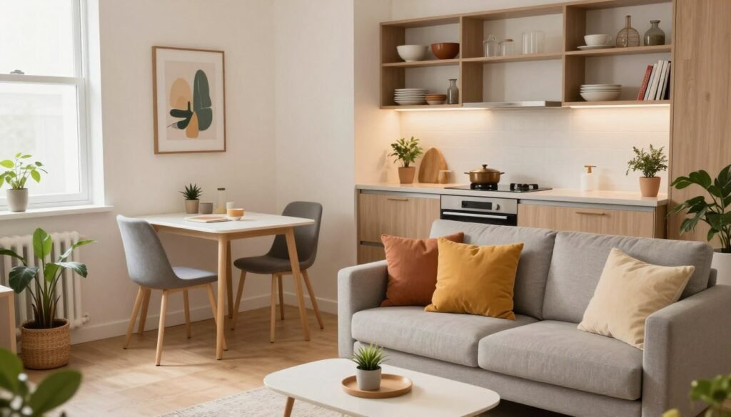 A cozy and stylish studio apartment that maximizes both space and aesthetic appeal. In the foreground, showcase a modern, compact sofa adorned with colorful cushions, paired with a sleek coffee table. In the middle, include a small dining area with a minimalist table and chairs, complemented by tasteful decor items such as plants and wall art. The background features a well-organized kitchen nook with open shelving displaying stylish dishes and cookbooks. Soft, warm lighting creates an inviting atmosphere, while a large window allows natural light to enhance the space. Capture this scene from a slightly elevated angle to emphasize the layout and depth, evoking a sense of harmony and practicality in small living spaces. The mood should be fresh, vibrant, and inspiring.
