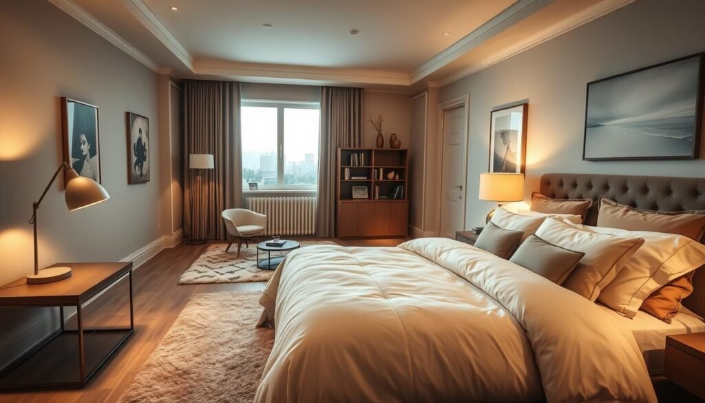 A cozy master bedroom that exudes warmth and tranquility, featuring a plush king-sized bed adorned with luxurious, layered bedding in soft pastels, including a thick, inviting duvet and decorative pillows. In the foreground, a stylish nightstand holds a sleek lamp casting a soft, ambient light. The walls are painted in calming, neutral tones, and a large window reveals a gentle dawn light filtering in, enhancing the serene atmosphere. In the middle ground, a chic area rug lies underfoot, adding texture, while a small reading nook with an armchair and a bookshelf occupies one corner, inviting relaxation. The background showcases tasteful artwork that complements the room's decor, with soft, diffused lighting creating a peaceful oasis perfect for restful nights.