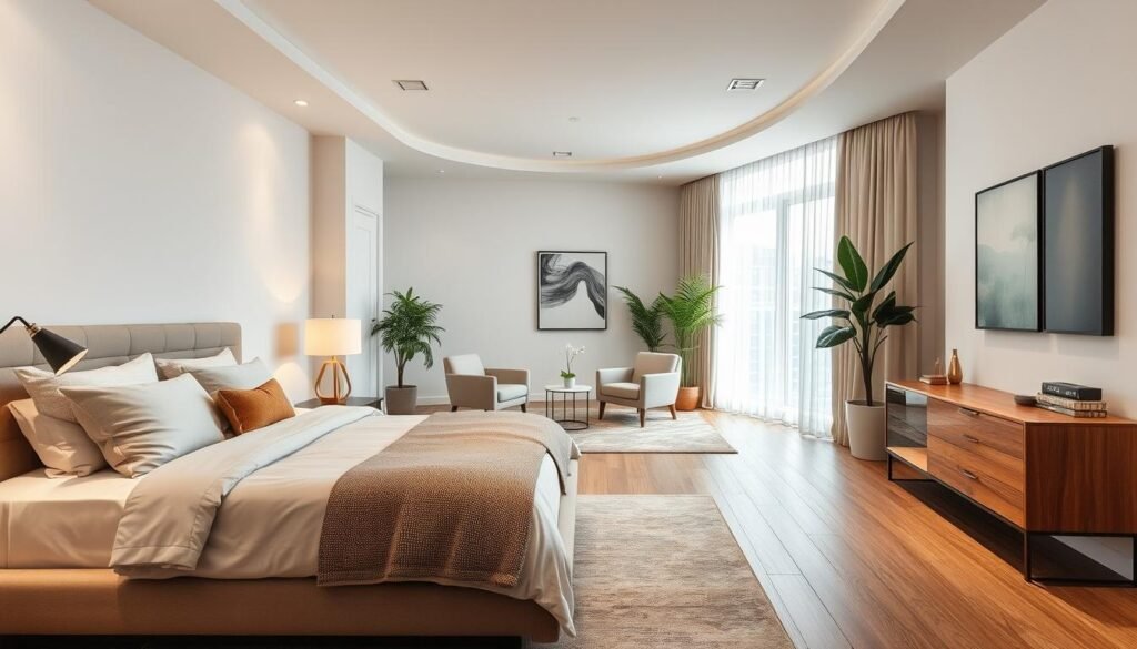 A modern master bedroom decor featuring a spacious layout that emphasizes function and flow. In the foreground, a plush king-sized bed with a stylish headboard dressed in neutral linens and decorative pillows. To one side, a sleek nightstand with a contemporary lamp casts soft, warm light. In the middle, a chic area rug defines a cozy seating nook with a pair of minimalist armchairs and a small coffee table. The background showcases a large window allowing natural light to fill the room, adorned with sheer curtains. Tasteful wall art and greenery add vibrancy. The atmosphere is serene and inviting, perfect for relaxation, captured with a soft focus lens and balanced lighting to accentuate the modern aesthetics of the space.