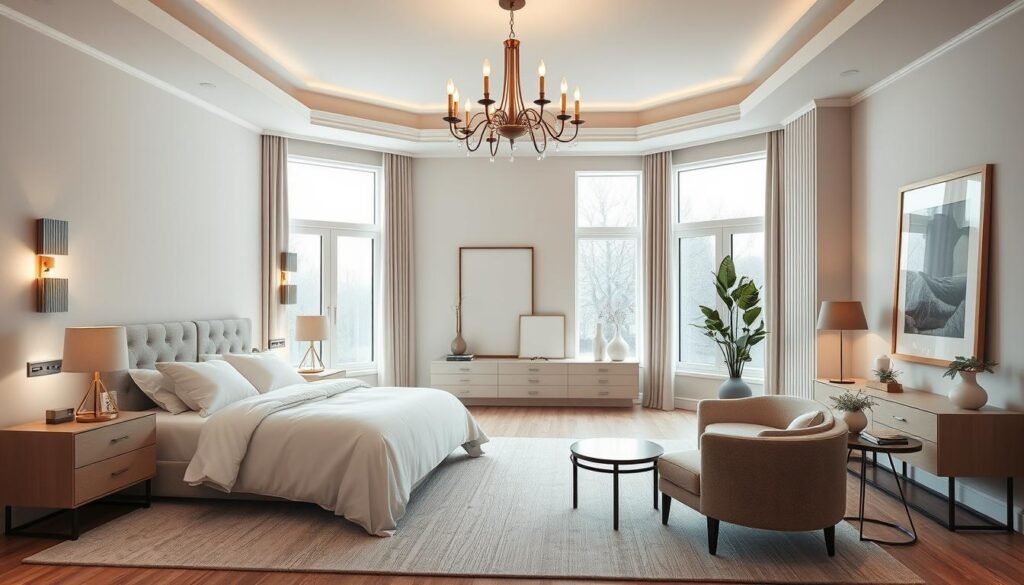 A modern master bedroom designed for relaxation and style, featuring layered lighting with elegant fixtures, such as a contemporary chandelier and wall sconces. The decor includes a king-sized bed dressed in luxurious white linens, flanked by sleek nightstands with stylish lamps. In the foreground, a cozy reading nook with a plush armchair and a side table enhances comfort. In the middle, large windows allow abundant natural light to fill the space, highlighting soft, neutral-toned walls and Scandinavian-inspired decor elements. The background showcases minimalist artwork and potted greenery, creating a serene and inviting atmosphere. The mood is tranquil and sophisticated, captured with soft, diffused lighting to enhance the bedroom’s cozy feel, shot with a wide-angle lens to encompass the entire ambiance.