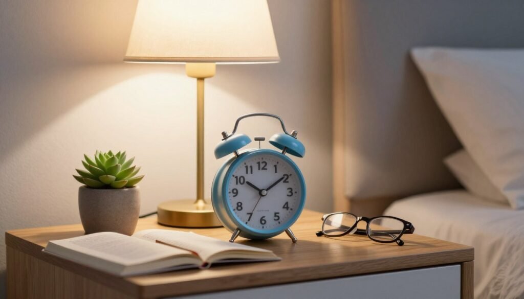 A neatly arranged nightstand with essential items for better sleep and organization. In the foreground, a soft blue alarm clock with large, easy-to-read numbers sits atop a wooden surface. Next to it, a small potted succulent adds a touch of greenery. There’s an open book with a cozy bookmark visible, inviting relaxation. In the middle ground, a stylish table lamp casts warm, ambient light, illuminating the scene. A pair of reading glasses rests alongside the book. In the background, a softly blurred bedroom wall with muted colors ensures focus on the nightstand. The atmosphere is calm and serene, creating a sense of tranquility ideal for winding down at the end of the day. The lighting is soft and diffused, evoking a peaceful nighttime ambiance.