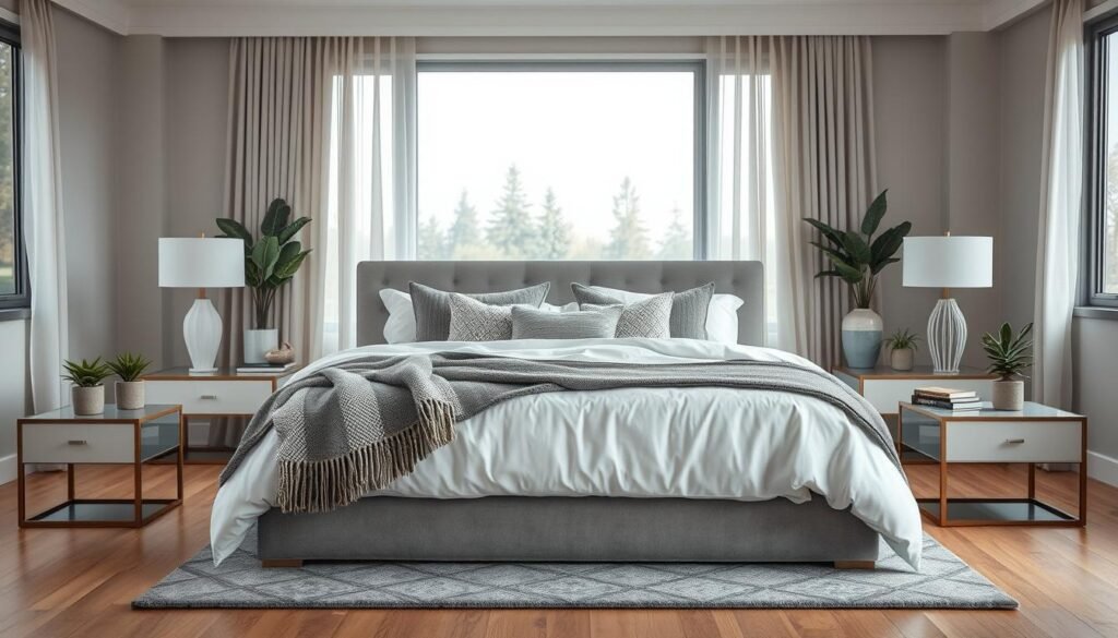 A serene master bedroom decor showcasing a cozy, inviting atmosphere in a Canadian home. In the foreground, a plush king-size bed adorned with layered white and grey bedding, accented by a textured throw blanket and decorative cushions. On either side, stylish nightstands with elegant lamps and potted plants. The middle features a spacious area with a tasteful area rug, adding warmth to the hardwood floor. In the background, large windows with sheer curtains allowing soft, natural light to filter in, revealing a peaceful view of trees outside. The color palette harmonizes soft neutrals with earthy tones, creating a tranquil ambiance. The scene conveys a modern yet timeless style, emphasizing comfort and relaxation, ideal for creating a personal oasis.
