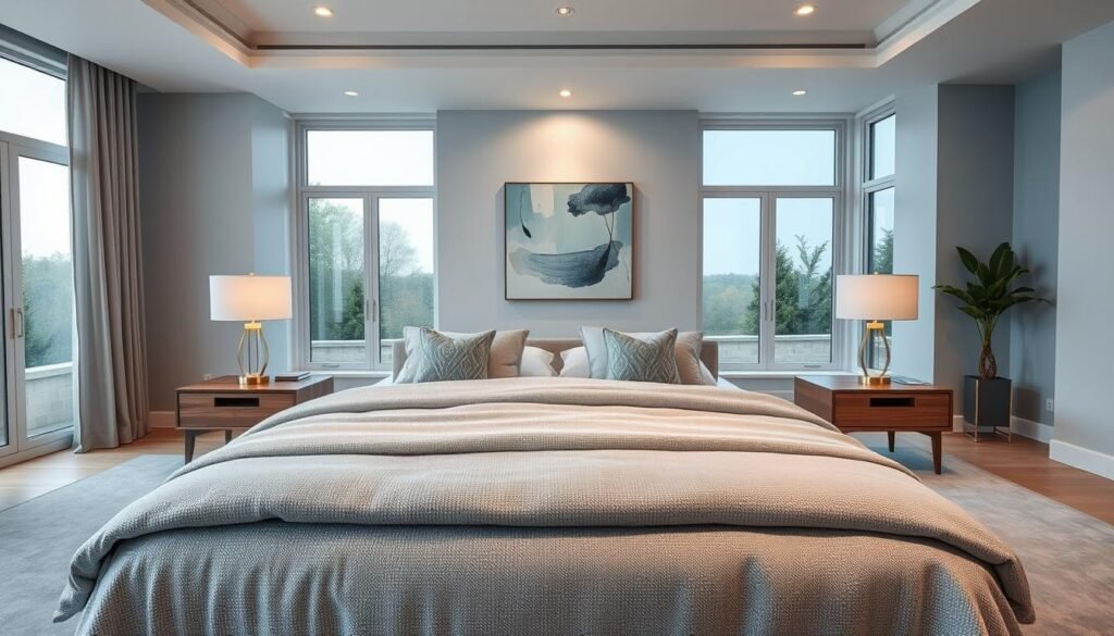 A serene modern master bedroom featuring a soothing color palette of soft blues, muted grays, and warm whites. In the foreground, a plush king-size bed with elegant, textured bedding and minimalist pillows invites relaxation. Flanking the bed, sleek wooden nightstands hold stylish lamps that cast a warm, inviting glow. The middle ground showcases a cozy reading nook with a chic accent chair and a small, contemporary side table. Behind, spacious, floor-to-ceiling windows allow natural light to pour in, enhancing the airy atmosphere. A beautiful piece of abstract art adorns the wall, complementing the room's colors. The mood evokes tranquility and spaciousness, with a clean, uncluttered aesthetic, perfect for creating a peaceful oasis. The scene is captured with a wide-angle lens, softly focusing on the textures and colors that make the space feel expansive and inviting.