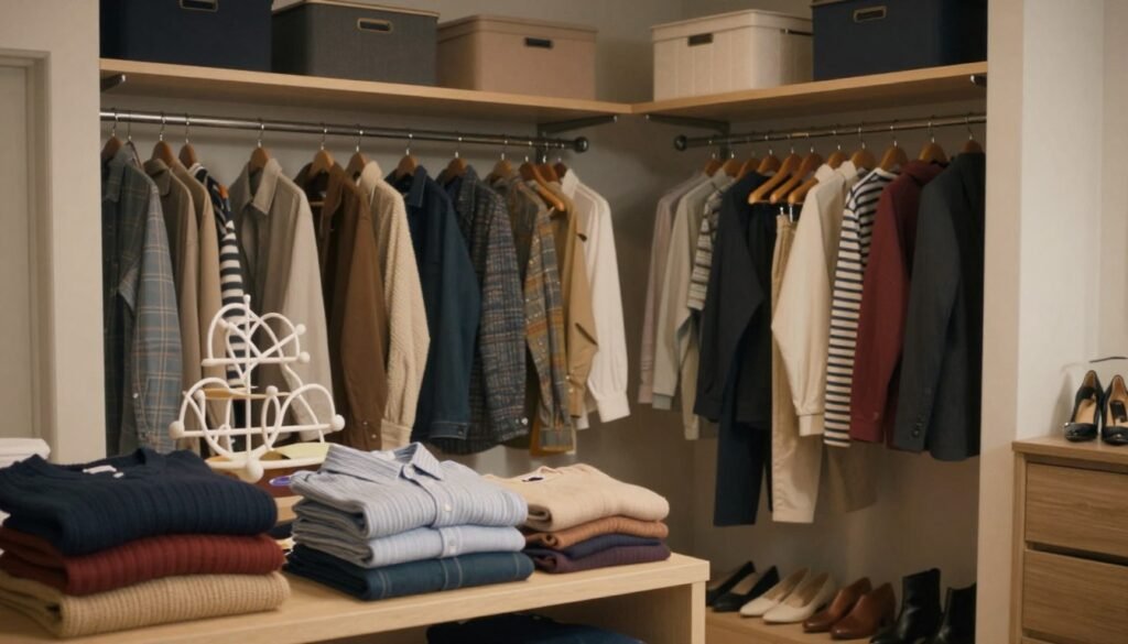 A small, well-organized closet filled with neatly arranged clothing, shoes, and accessories. In the foreground, display organized shelves with folded sweaters, color-coordinated shirts, and an elegant shoe rack. The middle section features hanging garments on stylish wooden hangers, showcasing a variety of textures and colors, along with labeled storage bins for additional organization. The background should include soft, diffused lighting to create a warm, inviting atmosphere, accentuating the clean lines and tidy arrangement. Consider a slight angle for a dynamic perspective, and ensure the space has a minimalist design with light-colored walls and wooden accents, evoking a sense of calm and order. No people are included in the image.