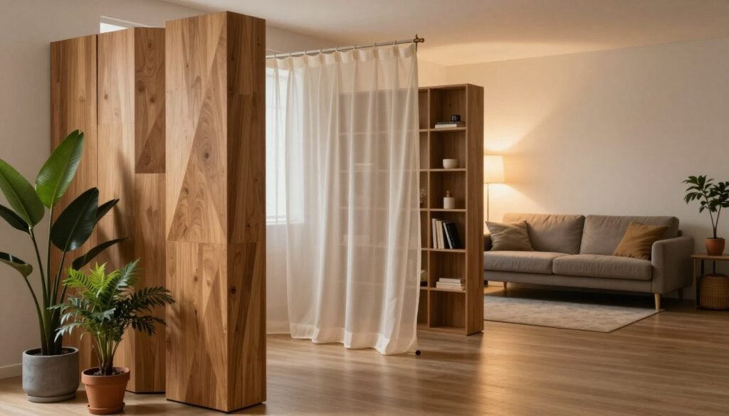 In a stylish studio apartment, a variety of modern room dividers create distinct areas for privacy and aesthetic appeal. The foreground features a sleek, geometric wooden divider with potted plants beside it, showcasing natural elements. In the middle, a translucent fabric curtain gently sways, creating a soft divide between spaces; nearby, a minimalist bookshelf adds functionality. The background presents an inviting living area, with a cozy sofa adorned in neutral tones, and ambient lighting casts a warm glow throughout the scene. Capture this from a slightly elevated angle to highlight the room's layout and design harmony. The mood is contemporary and tranquil, emphasizing both style and practicality in maximizing space.